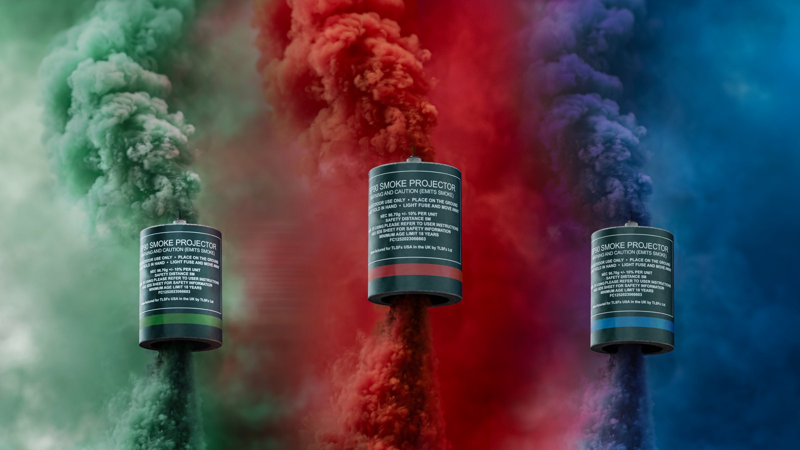 TLSFX smoke grenades with green, red and blue smoke