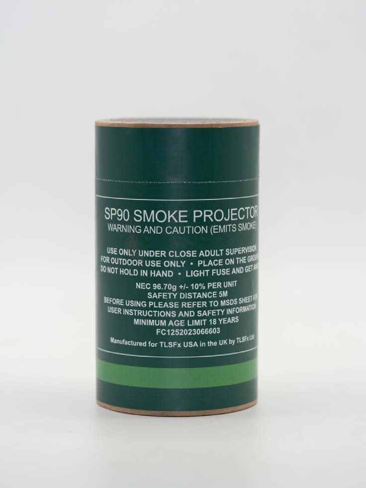 SP90 smoke grenade canister on a white studio background