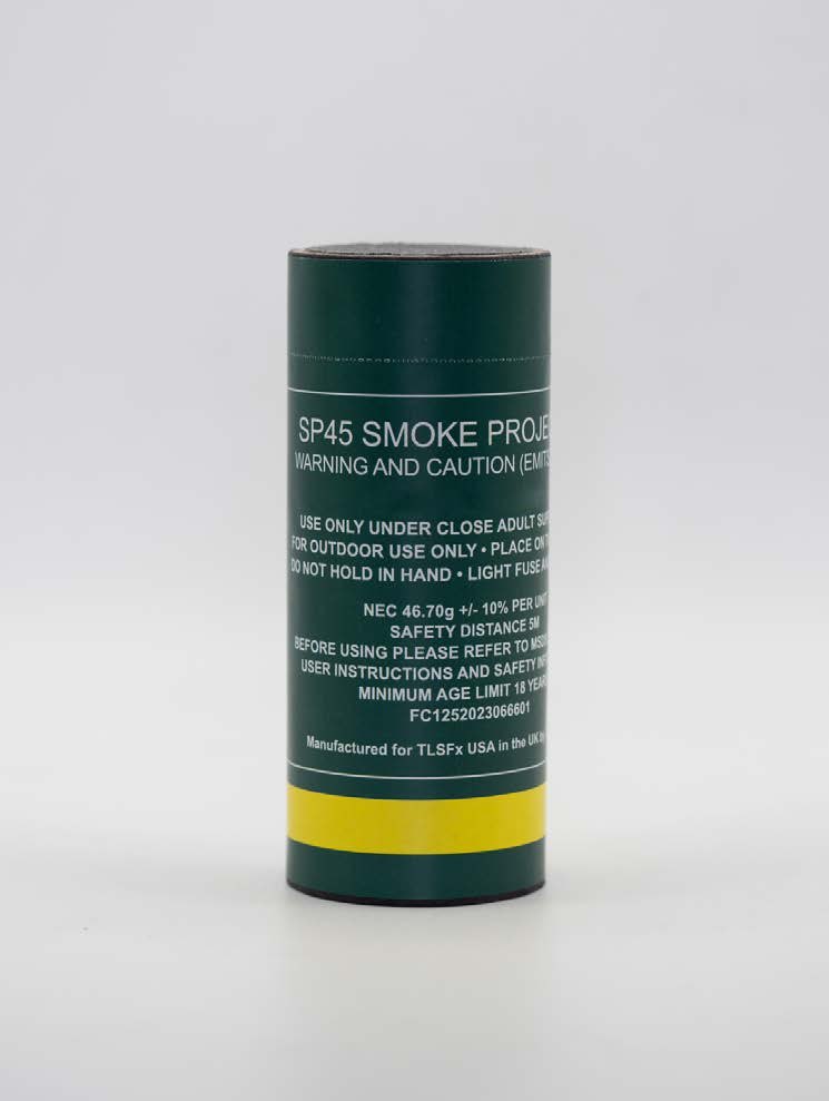 SP45 smoke grenade canister on a white studio background